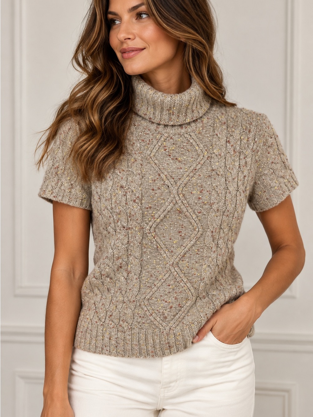 St. John Sport Wool Cashmere Cable Knit Turtleneck Sweater Short Sleeve Small